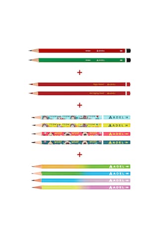 Adel Karışık Kurşun Kalem 12’li Set,Kırmızı Kalem,Mercanlı Kurşun Kalem,Pastel ve Hayvan Desenli Kalemler