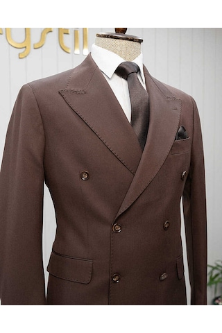 Bys Beystil Sivri Yaka Kahverengi Kruvaze Takım Elbise - Slim Fit