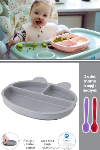 Silicolife 3 Gözlü Silikon Mama Tabağı, Vakum Tabanlı Bebek Porsiyon Tabak - 2 Mama Kaşığı Hediyeli Gri