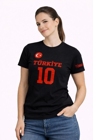 Wear Vexel Kadın Türkiye Ay Yıldız Baskılı 10 Numara Forma Tişört Taraftar T-shirt - Siyah Siyah