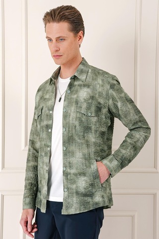 Efor Comfort Fit Yan Cep Batik Desenli %100 Pamuk Çıtçıtlı Haki Gömlek Ceket G 1568 Haki