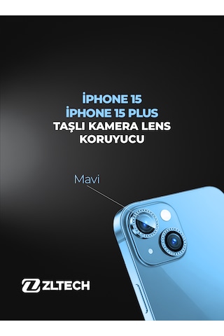 İphone 15/15plus Uyumlu Taşlı Kamera Lens Koruyucu Mavi