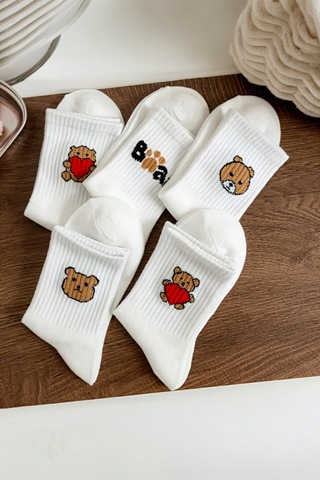 Hitit Socks Kadın 5 Çift Premium Kalite Beyaz Renkli Ayıcık Ve Kalp Desenli Kısa Soket Çorap Çok Renkli