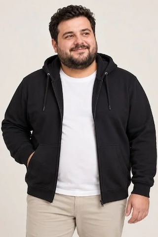 Suma Erkek Battal Büyük Beden Üç İplik İçi Şardonlu Kapüşonlu Tam Fermuarlı Kışlık Sweatshirt - Siyah