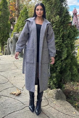 Antrasit Cepli, Balon Kol, Kemerli, Kalın Örgü Triko, Uzun Kaban Antrasit