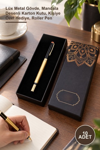 10 Adet Roller Kalem Lüx Metal Gövde, Mandala Desenli Karton Kutu, Kişiye Özel Hediye, Roller Pen