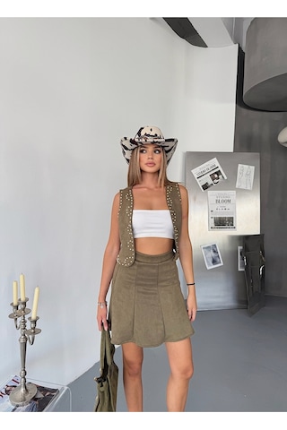 Kadın Suni Süet A Kesim Esnek Mini Etek Haki