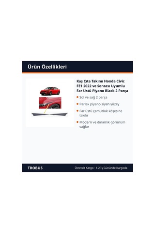 Trobus Kaş Çıta Takımı Honda Civic Fe1 2022 Ve Sonrası Uyumlu Far Üstü Piyano Black 2 Parça