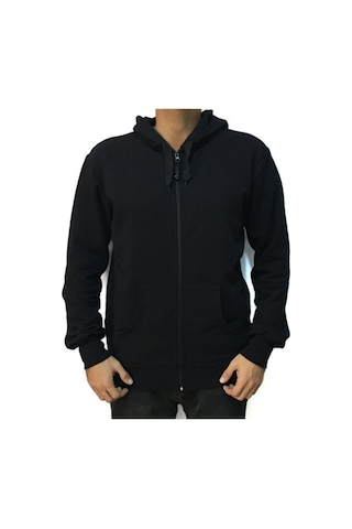 Düz Siyah Fermuarlı Kapşonlu Sweatshirt Siyah