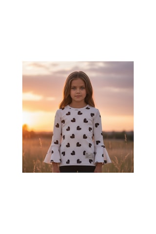 Fesshera Kids Kız Çocuk Sweatshirt Uzun Kollu Fitilli Kalp Desenli İspanyol Kol Kesimli Pamuklu Kışlık Sweatshirt Bej