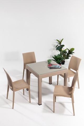 Rattan Small Camlı Cappucino Masa Takımı Bahçe&balkon 1 Camlı Masa 4 Sandalye Kahverengi