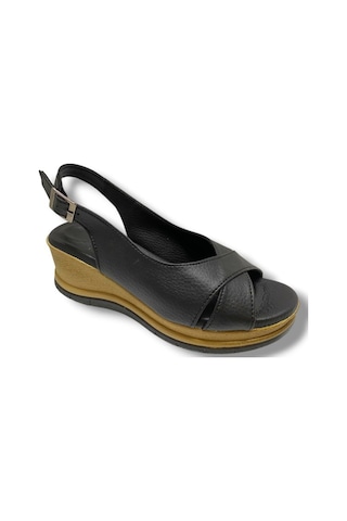 C-shoes Ka06-25 Deri Anatomik Dolgu Topuk Kadın Sandalet Siyah