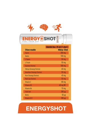 Energyshot 3 Lü Ginseng Complex, Guarana, Kafein, Taurin Ve Vitaminler İçeren Gıda Takviyesi 2x2 Shot