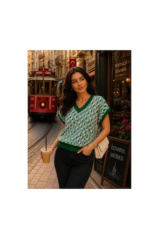 Hira Life Fashion Sfg Life Moda Kadın V Yaka Kare Desenli Şık Süveter Yeşil Yeşil