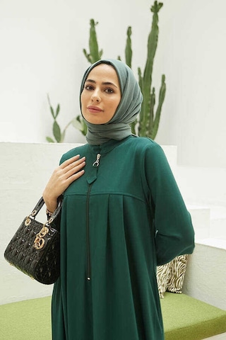 6612-fermuarlı Pileli Elbise Zümrüt Yeşili