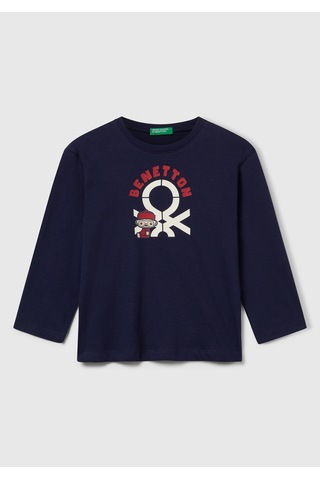 Erkek Çocuk Çok Renkli Logo Baskılı Bisiklet Yaka Uzun Kollu T-shirt Saks Mavi