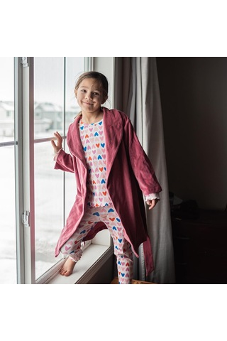 Antebies Organik Pembe Kadife Belden Kuşaklı Uzun Kollu Kız Çocuk Sabahlık