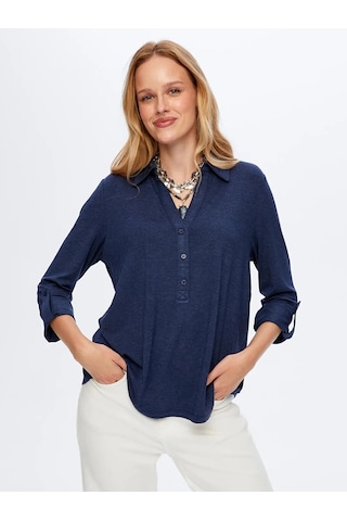 Faik Sönmez Polo Yaka Kadın Uzun Kollu T-shirt Bw26tsh004 İndigo