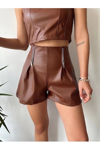 Defymoda Çift Fermuarlı Deri Şort Kahve H24394 Kahve