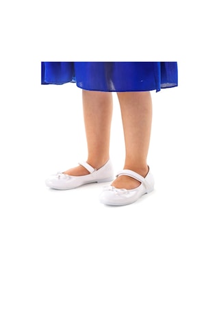 Kiko Kids Fiyonklu Cırtlı Kız Çocuk Babet Ayakkabı 201 Rugan Beyaz 001