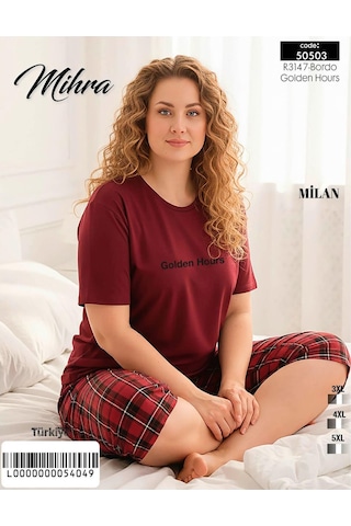 Mihra Kadın Milan Büyük Beden Bisiklet Yaka Kısa Kol Kapri Pijama Takımı 50503b - 1 Adet Bordo