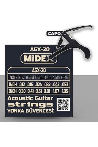 Midex Agx-20c Akustik Gitar Teli Takımı Pena Ve Kapo Capo Seti
