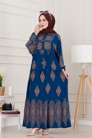 Sevitli Yarım Düğmeli Robalı Hira Elbise-indigo-4939 İndigo