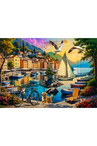 1000 Parça Harbor Of Serenity Puzzle - Limanda Sakinlik Ve Yelkenli Manzaralı Yapboz 68x48 Cm