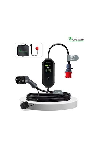 Coswatt Elektrikli Araç Taşınabilir Şarj Cihazı 11 kW-16A-Tip2 Soket-Türkçe Menü-5M-5x16A Fiş-380V AC