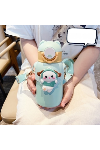 Tuomeng Çocuk Termos Bardak Karikatür 316 Paslanmaz Çelik Hasır Bardak 520ml Eğlenceli 2. Nesil Mavi Köpek Yavrusu