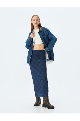 Koton Yüksek Bel Slim Fit Ekoseli Astarlı Midi Kalem Etek Lacivert Ekose 5wal70060ık Lacivert