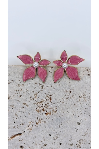 Rhea Jewelry Çiçek Figürlü Renkli Çelik Küpe 3,5 Cm İnci Detaylı Kadın Küpe Pembe