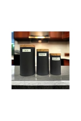 3'lü Set Metal Çay Kahve Şeker Saklama Kavanozu - Siyah Açık Kahverengi