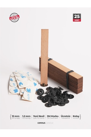 Ahşap Mum Fitili 12 Mm Genişlik Nikel Kaplama Çelik Taban, 3m Köpük Bantlı, 25 Li Set Ahşap