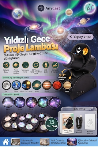 Anycast Yıldızlı Gece Proje Lambası 15 Sahne Hd Led Yıldız Projektör Usb Şarjlı Ay Gezegen Dünya Takımyıldız Projeksiyon Gece Lambası Dekoratif Masa Lambası 15 Film Diskli Salon Yatak Odası Aydınlatma