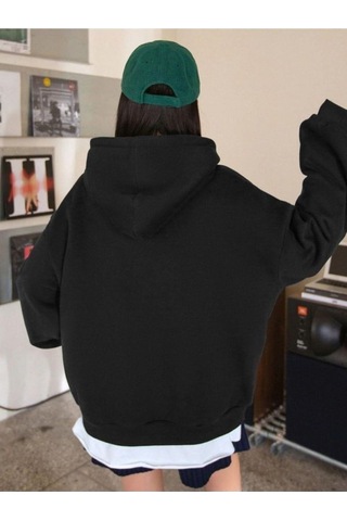 Nice Sweatshirt - Siyah Baskılı Oversize Kışlık Kalın Kapüşonlu Siyah