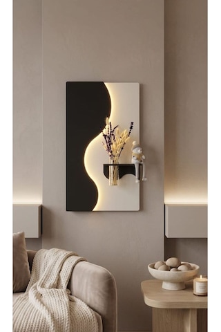Manolya Ahşap Pilli Ledli İskandinav Tarzı Salon Duvar Rafı Modern Çiçeklik 40 X 70 Cm Çok Renkli