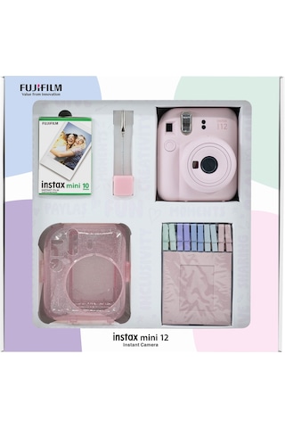 Fujifilm Instax Mini 12 Fotoğraf Makinesi + 10'lu Film + Simli Pleksi Kılıf + Mandal + Kıskaçlı Standı Pembe