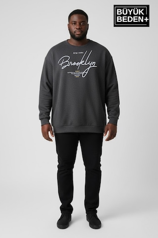 Süperlife Erkek Büyük Beden El Yazılı Brooklyn Baskılı Bisiklet Yaka İnce Sweatshirt Spr26bsw956-6 Antrasit