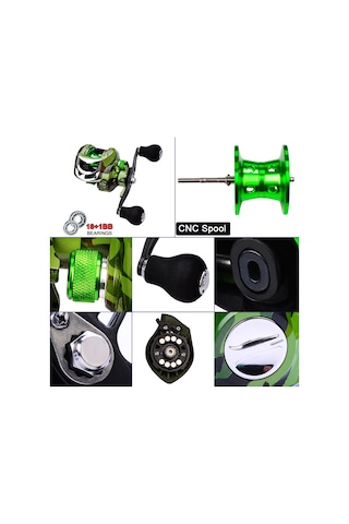 Jeehugo Sol El 18+1 Rulmanlı 7.2:1 Oranlı 10kg Maksimum Sürtünme Kapasiteli Nilon Malzemeli Metal Kamuflaj Balık Makinesi