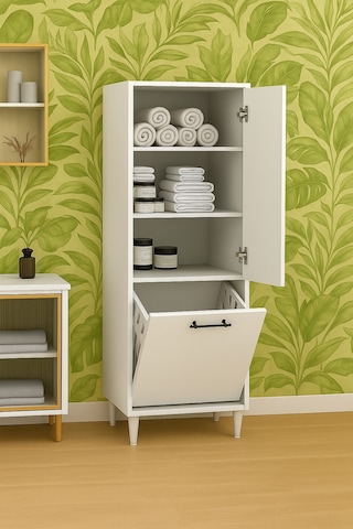 Kirli Sepetli 2 Kapaklı 3 Raflı Çok Amaçlı Ahşap Banyo Dolabı, Banyo Düzenleyici Çamaşır Sepeti Beyaz