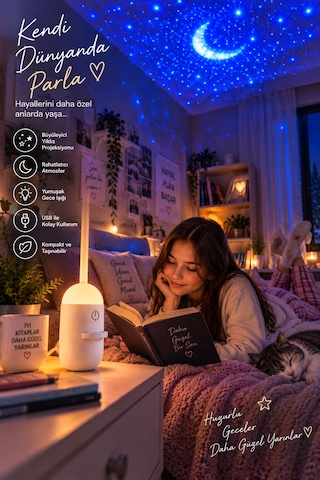 Çocuk Odası İçin Yıldızlı Gökyüzü Projeksiyon Gece Lambası Düz Renkli
