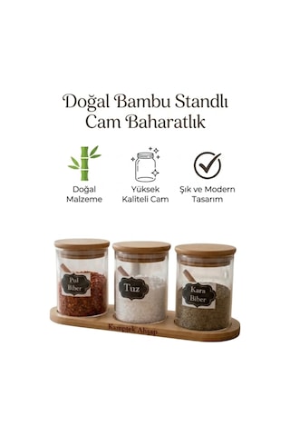 3 Lü Borosilikat Cam Baharatlık Seti - Doğal Bambu Ahşap Kapaklı Ve Kaşıklı Stand Mutfak Düzenleyici Diğer