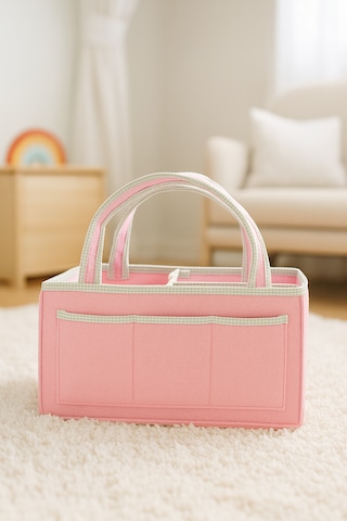 Anne Bebek Kalın Keçe Bakım Çantası Yenidoğan Için Organizer Düzenleyici Çok Amaçlı Pembe Yeşil Overlok Detay