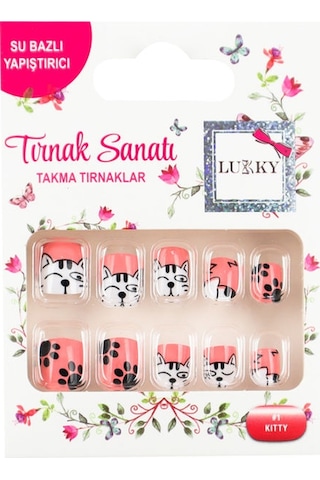 Lukky Kedi Baskılı Yapışkanlı Takma Tırnak Seti