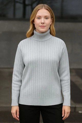 Kadın Balıkcı Yaka Bağazlı Triko Kazak Pamuklu Kalın Fitilli Dokuma - Gri Gri