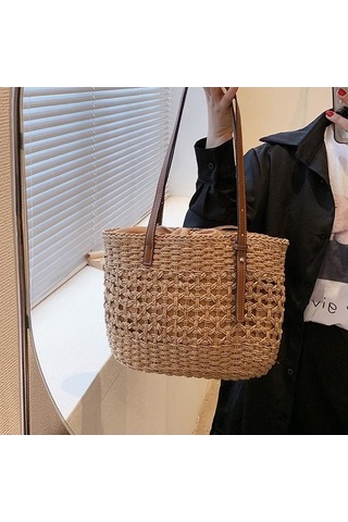 Ganzhoushop Yaz Üst Tote Saplı Plaj Omuz Kova Khaki Kapasiteli Kadınlar İçin Hasır Dokuma Çantası Çantası Çanta Büyük Alışveriş My Haki