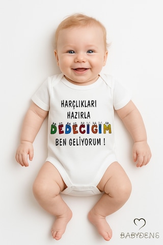 Babyden's Harçlıkları Hazırla Dedeciğim Ben Geliyorum Yazılı Çıtçıtlı Bebek Body Tulum Zıbın %100 Pamuk Beyaz