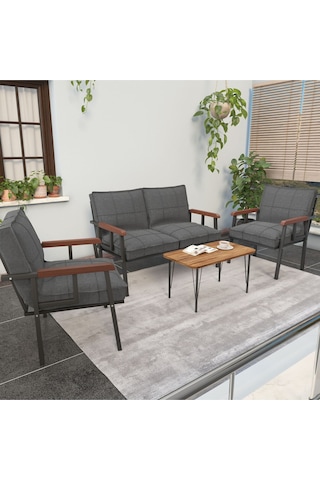 Mygusi Modern'' Balkon, Bahçe, Cafe - Metal Kanepe Koltuk Takımı - 2 1 1 Sehpa Hediyeli Koyugri Koyu Gri