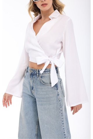 Blayn Jeans Blayn Kadın Beyaz Kruvaze Yaka Belden Bağlamalı Uzun Kollu Şık Bluz
